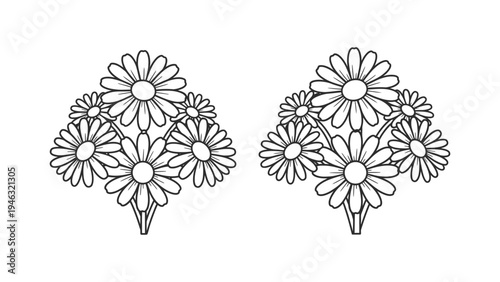 Two black outline vector graphic illustrations of lovely daisy flower bouquets 