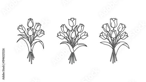 Set of three black outline vector illustrations depicting elegant bouquets of blooming tulips tied together simply.