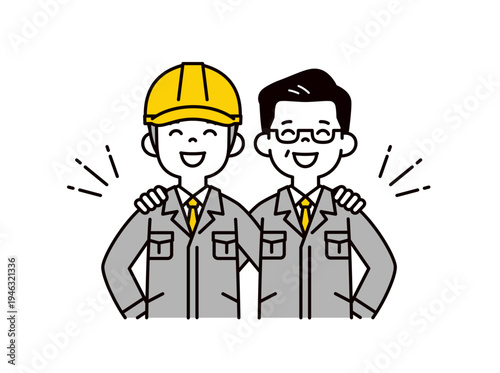 仲良く肩を組む、ヘルメットをかぶった技術者と工場の経営者・社員の上半身ベクターイラスト素材