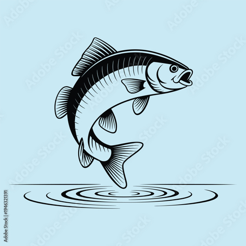 Fish Jumping Out of Water Line Art Vector Illustration