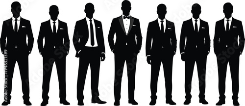 Group of Seven Professional Men in Black Business Suits and One Groom in Tuxedo Silhouette Isolated on White Background Illustration