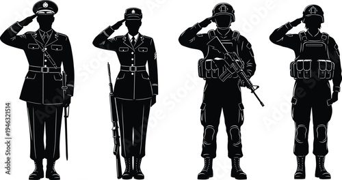 Military Soldier Silhouette Collection Featuring Army Officers in Dress Uniform and Combat Infantry Saluting for Veterans Day and Memorial Graphics
