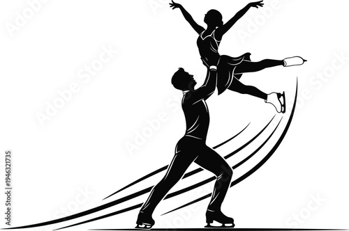Pair figure skaters performing elegant lift with dynamic motion lines showcasing athletic artistry, teamwork, balance, and graceful ice skating vector illustration