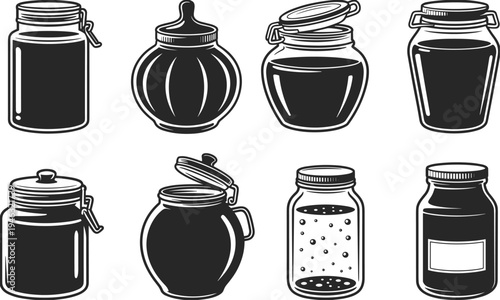 Glass jar containers set, kitchen storage bottles collection, food preservation jars illustration, vintage vector canning jars isolated