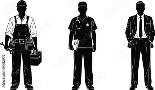 Professional worker silhouettes in construction, healthcare, and business attire showcasing diverse occupations, career roles, and industry representation vector illustration