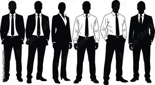 Silhouette vector illustration of diverse business professionals in suits and formal attire, symbolizing teamwork, leadership, corporate unity, and workplace diversity.