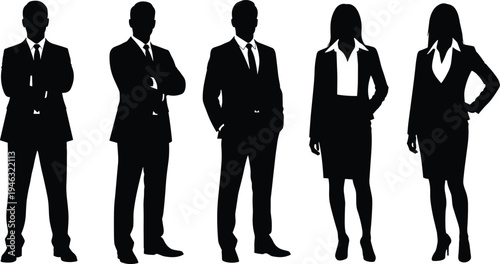 Silhouette vector illustration of five diverse business professionals in suits and skirts, symbolizing teamwork, leadership, corporate unity, and workplace diversity.