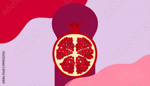 A fresh red pomegranate with leaves on a white background surrounded by seeds and juicy fruit elements