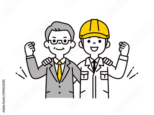 チームで挑戦する、スーツを着た年配のビジネスマンと施工管理者の上半身ベクターイラスト素材