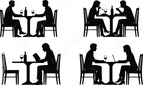 Silhouette vector illustration of people dining, drinking wine, reading menus, using laptops, showcasing diverse social and casual restaurant interactions.