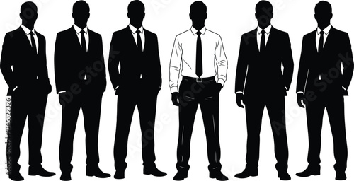Silhouette vector illustration of seven male business professionals in suits, symbolizing leadership, individuality, teamwork, corporate unity, and workplace diversity.