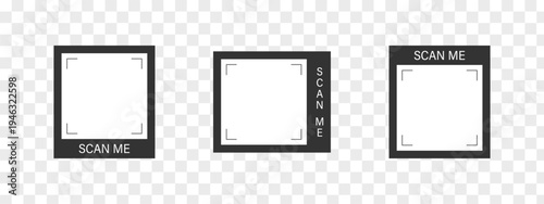 Scan me Frame. Black Scanner set in app box with QR code. Phone camera payment Frame. Shop identification button. Flat Vector illustration.