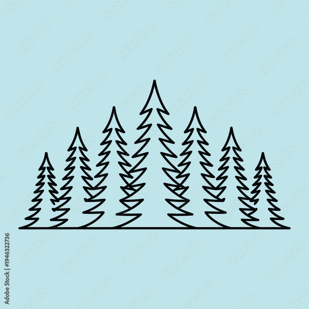 Fototapeta premium Line Art Pine Trees Forest Silhouette on Blue Background Stock Illustration