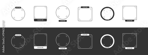 Scan me Frame. Barcode and QR code payment sticker. Simple template for mobile and online use. Scan with phone or click app button for quick pay now. Vector illustration.