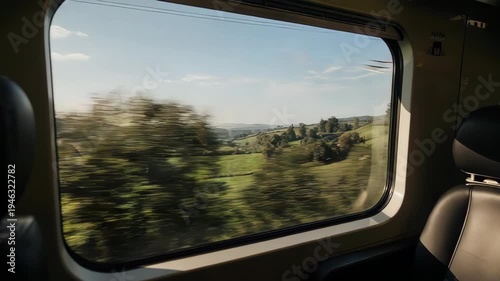 Scenic Train Ride Through Lush Green Landscapes and Rolling Hills.