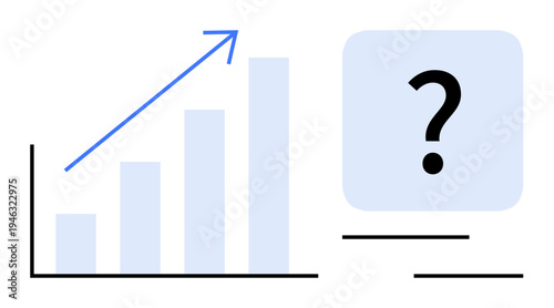 Bar chart with upward arrow implying progress, paired with question mark. Ideal for analytics, business strategy, decision-making, uncertainty, problem-solving, planning, simple flat metaphor