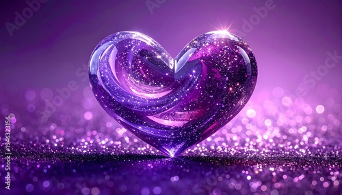 A purple heart-shaped object with sparkles on a glittery surface