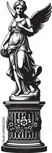 Black and white illustration of angel statue on decorative pedestal with flowers