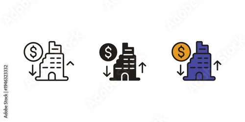 Line icons of building with dollar symbol and downward arrow, financial loss, revenue decline, economic downturn concept, business performance drop illustration.