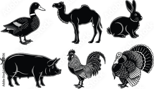 Vintage Black Animal Silhouettes Set Featuring Duck Camel Rabbit Pig Rooster and Turkey Woodcut Style Vector Illustrations for Rustic Design