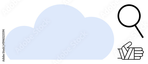 Blue cloud outline, magnifying glass, and thumbs-up hand gesture. Ideal for search, cloud storage, analysis, evaluation, approval technology and teamwork. Simple flat metaphor