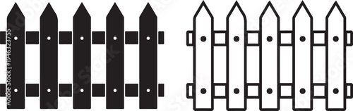 Two different colored wooden picket fences side by side on white background