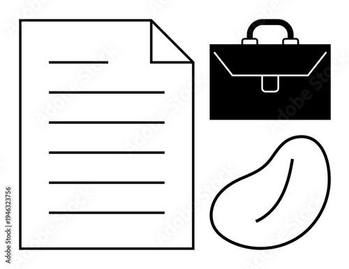 Business, work, contracts, abstract design, minimalism, and organization. A document, briefcase and abstract shape in black and white. Business and work elements concept