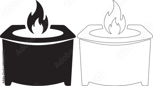 Two fire pits with flames burning on top side by side