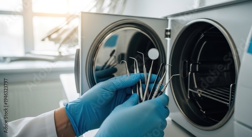 Sterile gloved hands holding dental tools near an open sterilization unit