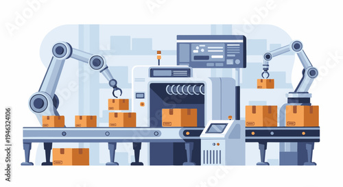 Automated Robotic Arm Assembly Line in Modern Warehouse Factory