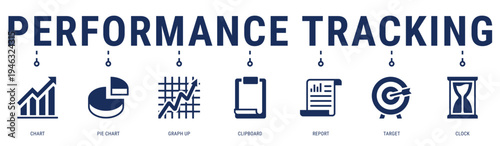 Performance Tracking web banner icon vector illustration featuring Chart, Pie Chart, Graph Up, Clipboard, Report and Target