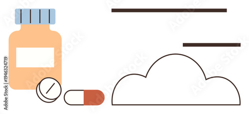 Online pharmacy, digital healthcare, medical services, prescription drugs, medication access, telemedicine. Pill bottle, tablets capsule and cloud design. Online pharmacy and digital healthcare