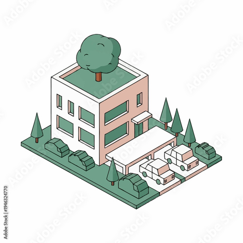 Isometric illustration of a modern house with green roof and trees.