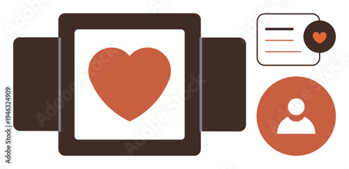 Social media, online profiles, communication, connection, love, networking. Brown and orange heart icon, user profile and chat bubbles. Social media and communication concepts