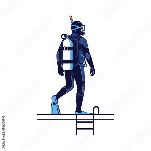 Scuba Diver Walking on Dock Towards Water with Ladder