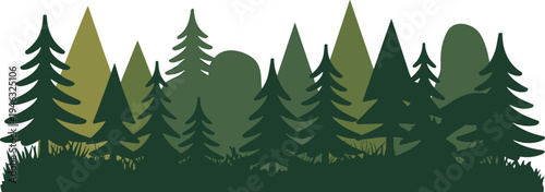 Coniferous forest silhouette diverse evergreen trees layered green shades natural landscape border