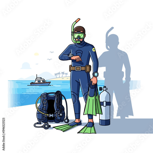 Scuba Diver Ready for Underwater Adventure with Gear on Tropical Beach