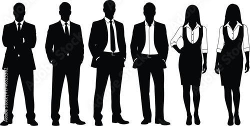 Silhouette vector illustration of six diverse business professionals in suits and skirts, symbolizing teamwork, leadership, corporate unity, and workplace diversity.
