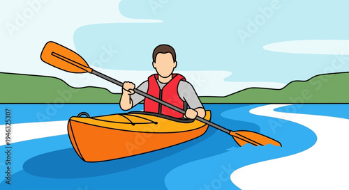 Man Kayaking on Water with Paddle and Life Vest.