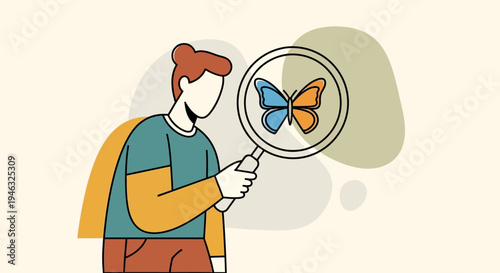 Man observing a colorful butterfly through a magnifying glass illustration.