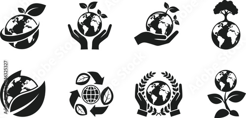 Global Environmental Sustainability and Ecology Icon Set - Flat Vector Symbols for Earth Day, Green Planet, Nature Conservation, Climate Action, and Sustainable Corporate Responsibility