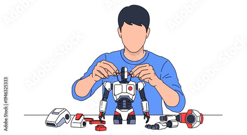 Person assembling a small robot with tools.