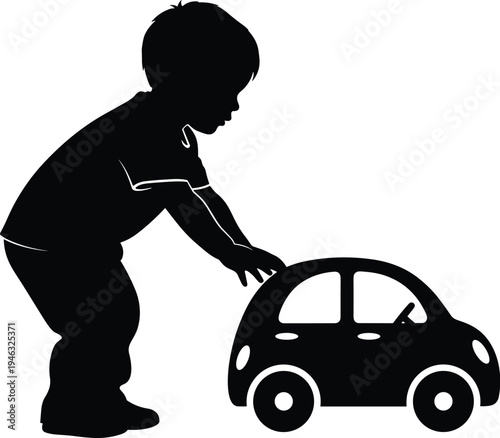 Vector illustration of black silhouette child playing with toy car, showing childhood activity, fun, interaction, and educational design concept.