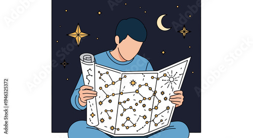 Person Reading Star Map Under Night Sky.