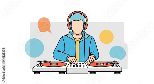 Professional DJ Mixing Music on Turntables with Headphones.