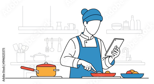 Professional chef in kitchen using tablet while chopping ingredients.