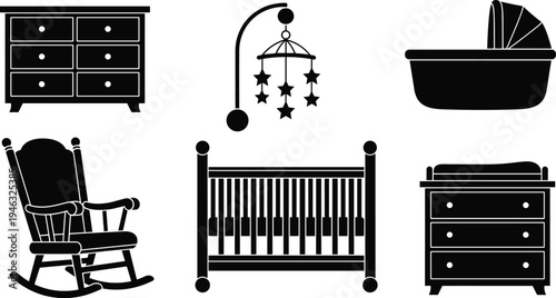 Vector illustration of black silhouette baby nursery furniture including dresser, mobile, bassinet, rocking chair, crib, and changing table design.