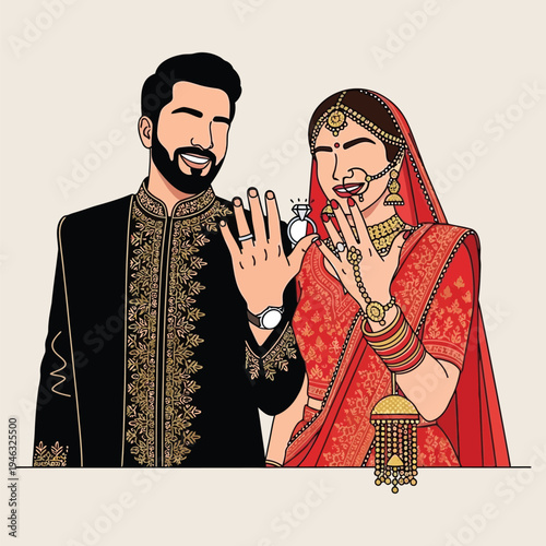 Newly engaged South Asian couple showing diamond ring wearing traditional wedding attire