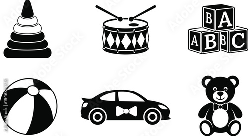 Vector illustration of black silhouette children’s toys including stacking rings, drum, alphabet blocks, ball, toy car, and teddy bear.