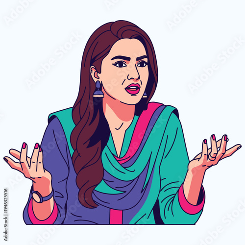 Young South Asian woman in traditional salwar kameez dress talking with expressive hand gestures